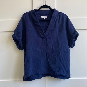 Rolled cuff sleeve v neck cotton summer weight blouse